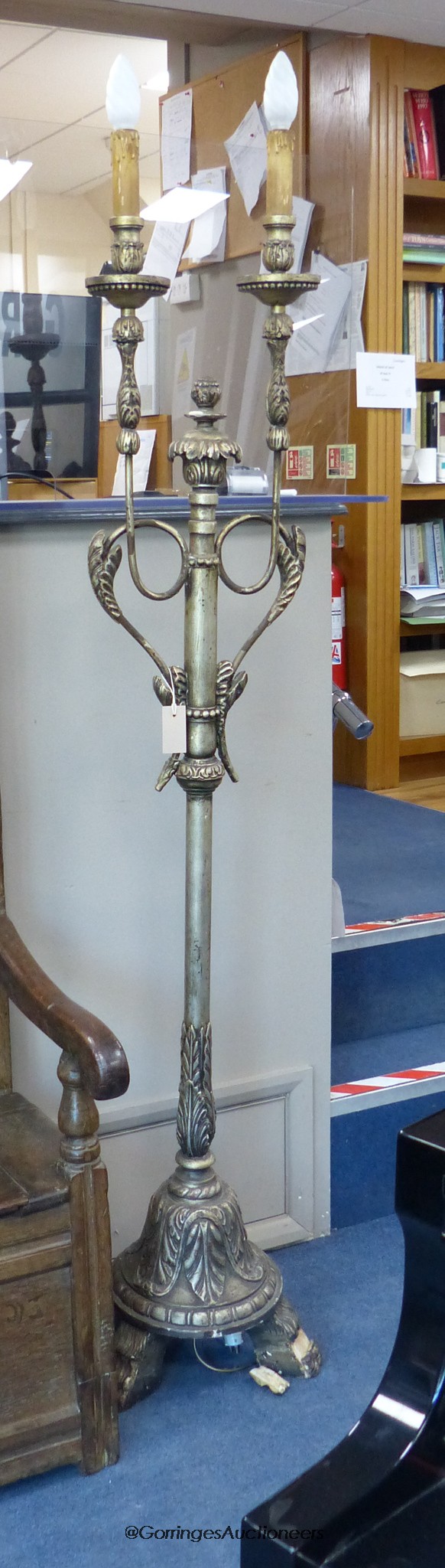 A pair of 20th century decorative silvered wood and wrought iron twin-branch candlestands